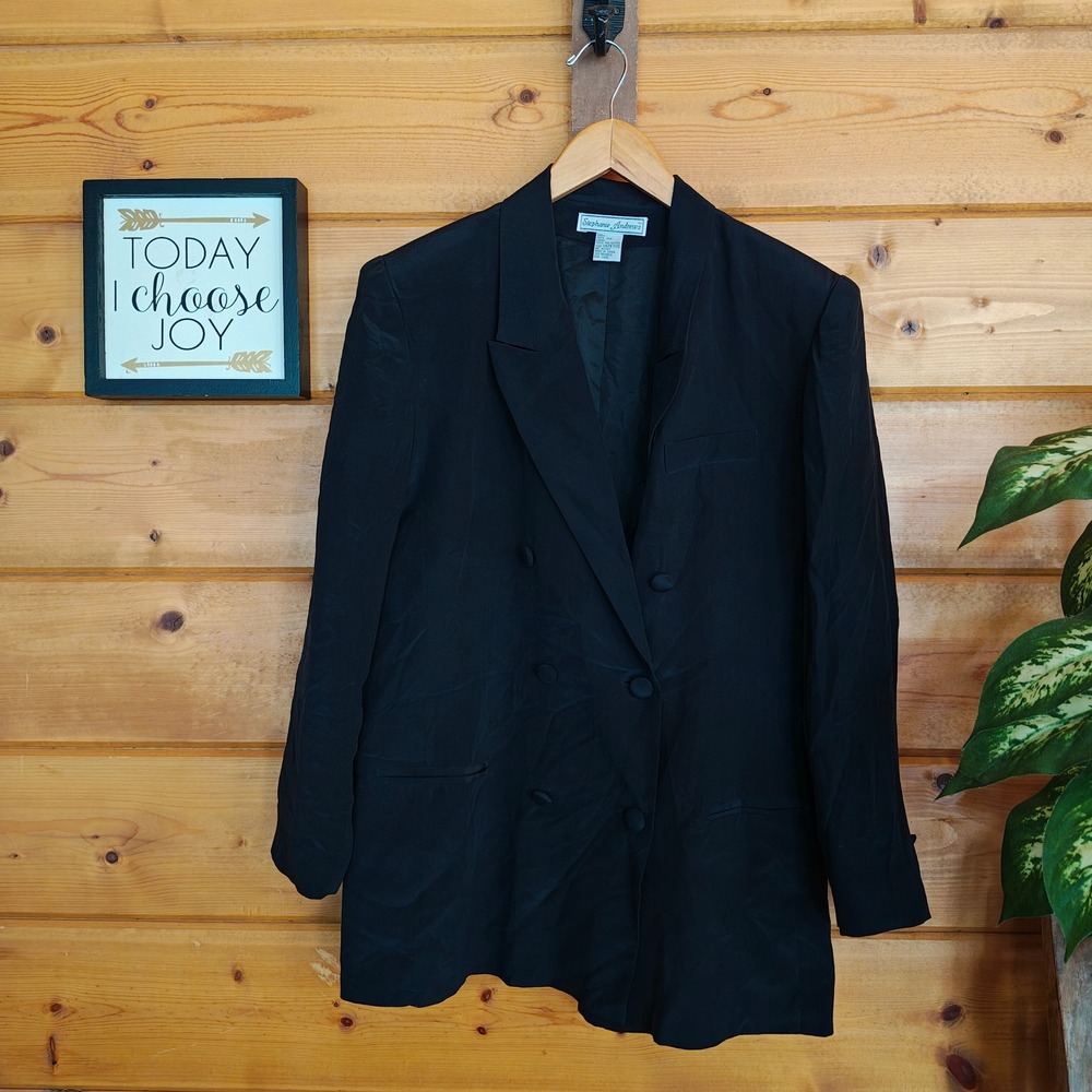 Stephanie Andrews Vintage Black 100% Silk Double Breast Blazer Jacket Petite 14